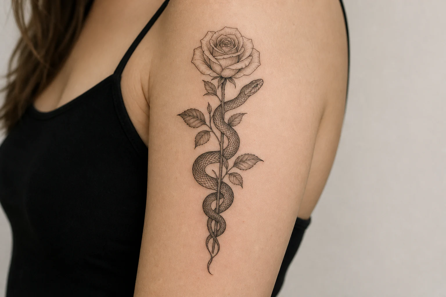 Schlange mit Rose am Oberarm