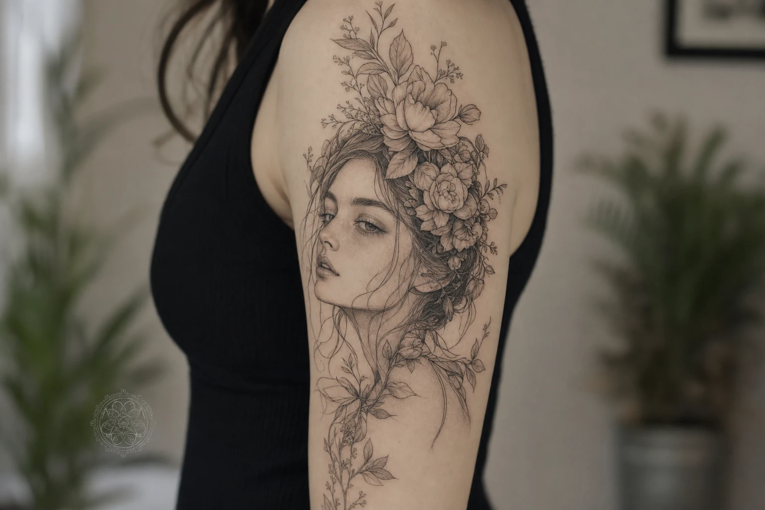 Portrait mit botanischen Elementen